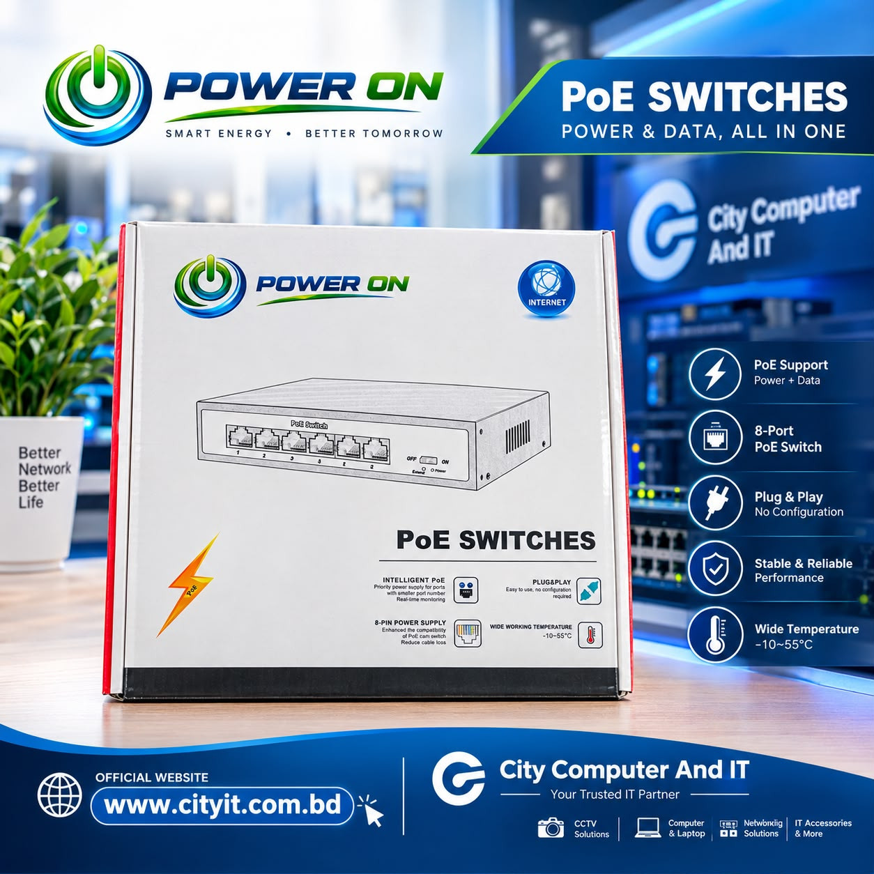 Power On 4 Port POE SWITCH 10-100Mbps # PON-4P2U